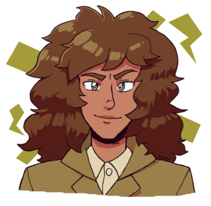 A portrait of Vesper, a woman with bushy, messy brown hair and brown skin, wearing a khaki coat over an off-white shirt.