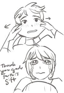 Katreia pulling Akherien's cheeks and thinking, "thank you gods for this gift"