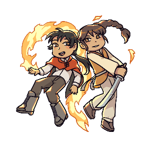 Chibis of Akherien and Katreia with hair, sword and flames forming a heart shape