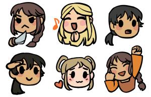 Six emotes of the main characters: Katreia pointing a blade, Sariell singing, Akherien surprised, Akherien saluting, Cendreile with a heart, and Katreia cheering.