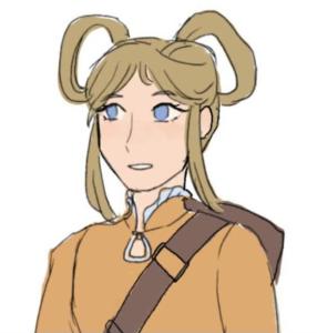 A girl with sandy blonde hair worn in two loops on top of her head.