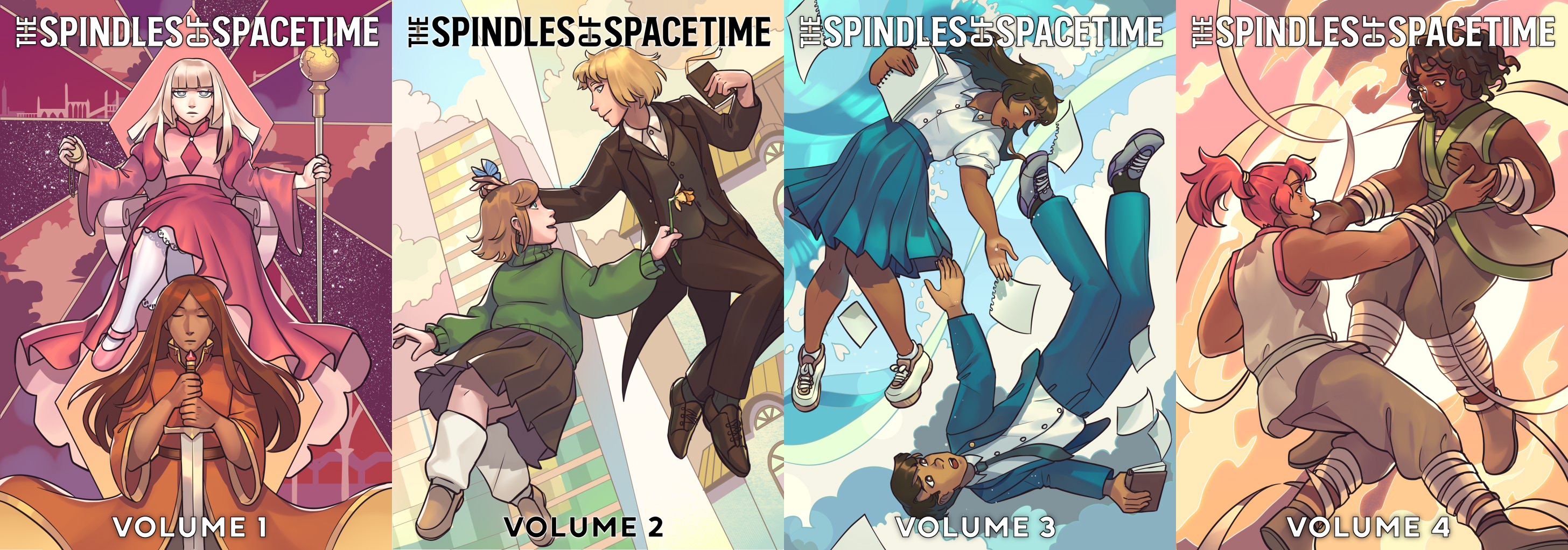Four volume covers of the Spindles of Spacetime.